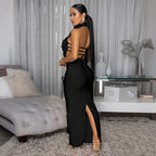 Robe longue de soirée licou dos nu déco fleurs sexy
