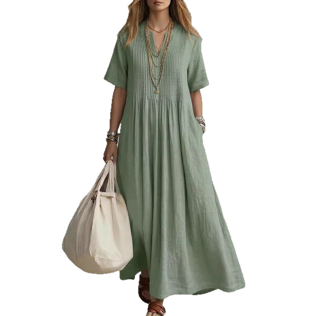 Robe lin coton longueur maxi, col V et fronces