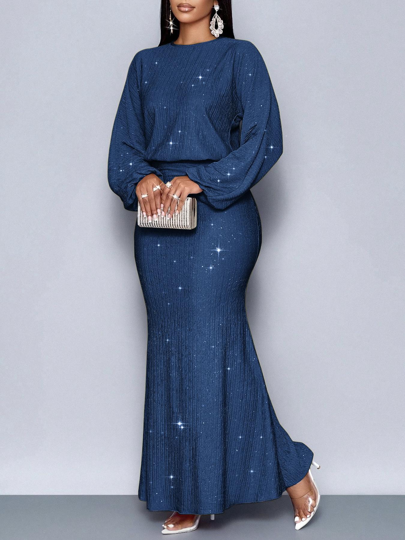 Long-sleeved sequined evening maxi dress