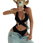 Laurence — High-waisted one-piece swimsuit in black lace