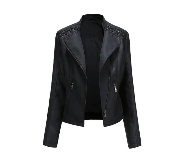 Veste en cuir noir pour femme avec fermeture éclair asymétrique, détails matelassés aux épaules, style motard moderne, mode automne-hiver.