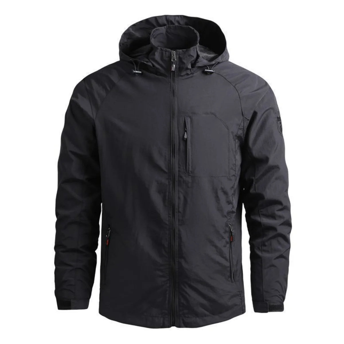 Veste noire imperméable à capuche, fermeture éclair, poches zippées, idéale pour activités extérieures, randonnée, style moderne et fonctionnel.