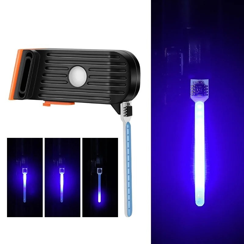 Lampe UV LED portable avec bande lumineuse bleue, idéale pour la détection de faux billets et la stérilisation, design compact et efficace.