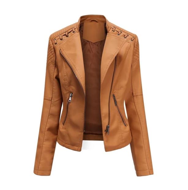 Veste en cuir marron pour femme avec fermeture éclair asymétrique, détails matelassés aux épaules et poches zippées. Mode automne tendance.