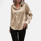 Chemisier boutonné en satin pour femme – Chemise classique à manches longues et revers