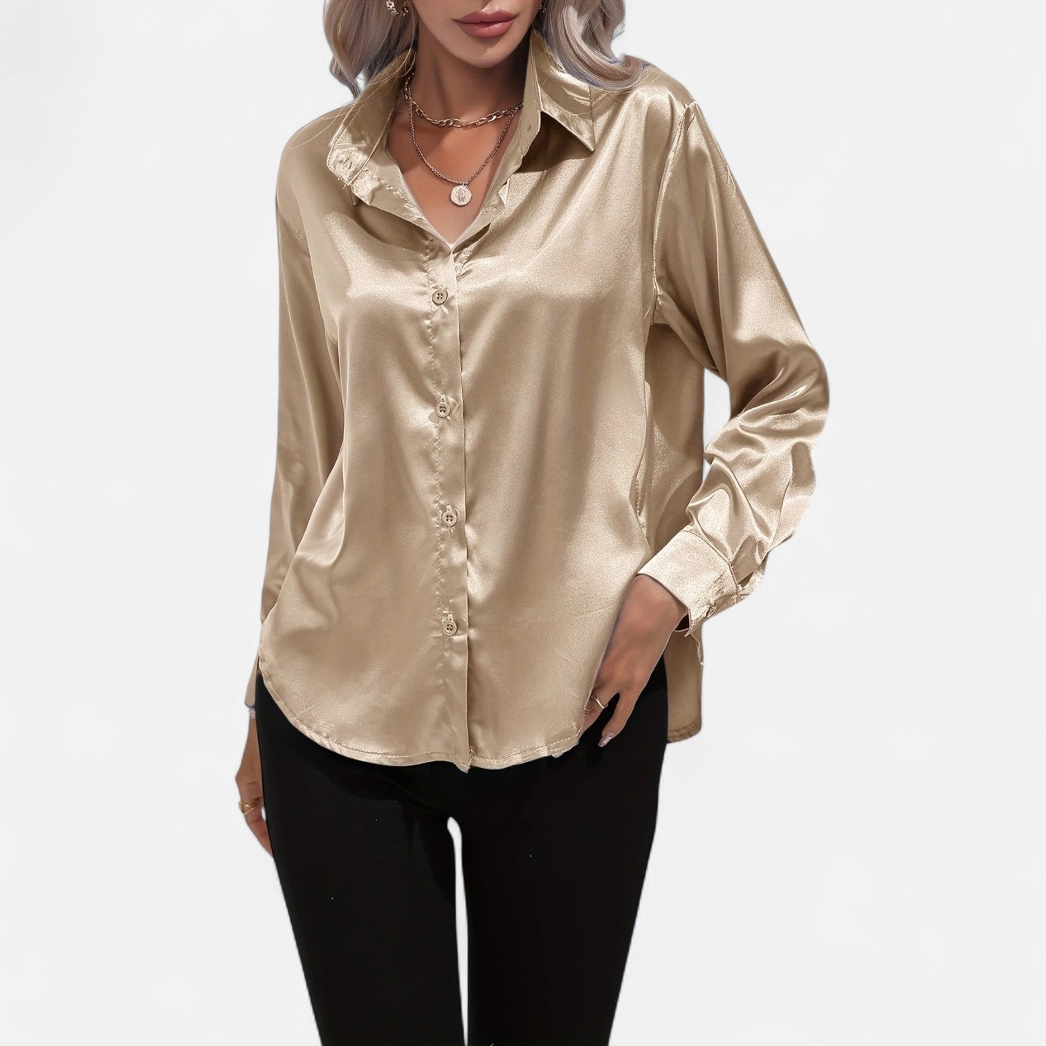 Chemisier boutonné en satin pour femme – Chemise classique à manches longues et revers