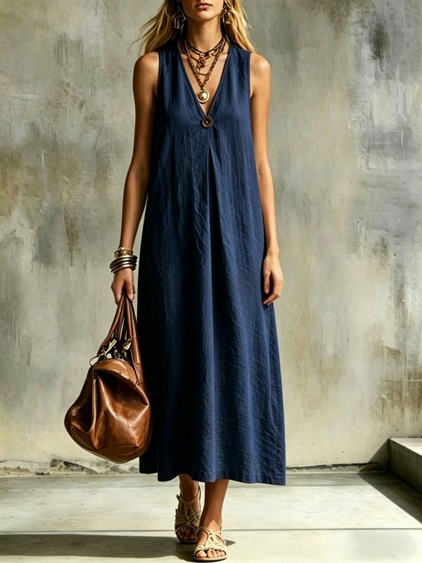 Robe lin-coton col V, ceinture, sans manches