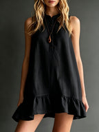 Robe midi col montant lin-coton à volant