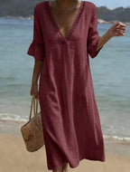 Robe lin coton col V loose fit élégante