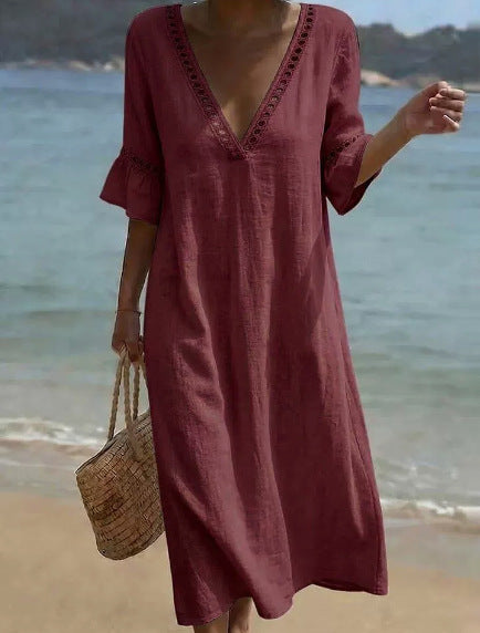 Robe lin coton col V loose fit élégante