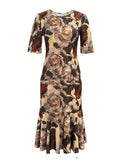 Robe midi plissée à taille haute, tricot col rond