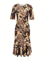 Robe midi plissée à taille haute, tricot col rond