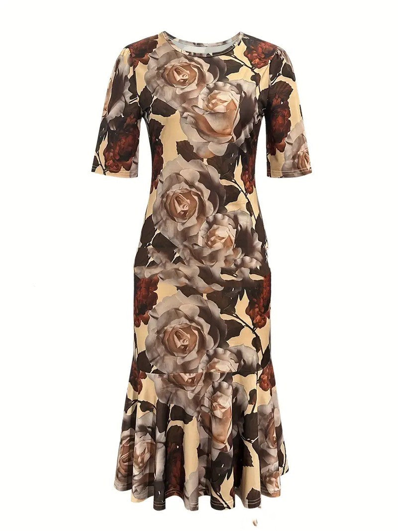 Robe midi plissée à taille haute, tricot col rond