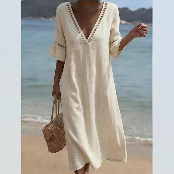 Robe lin coton col V loose fit élégante
