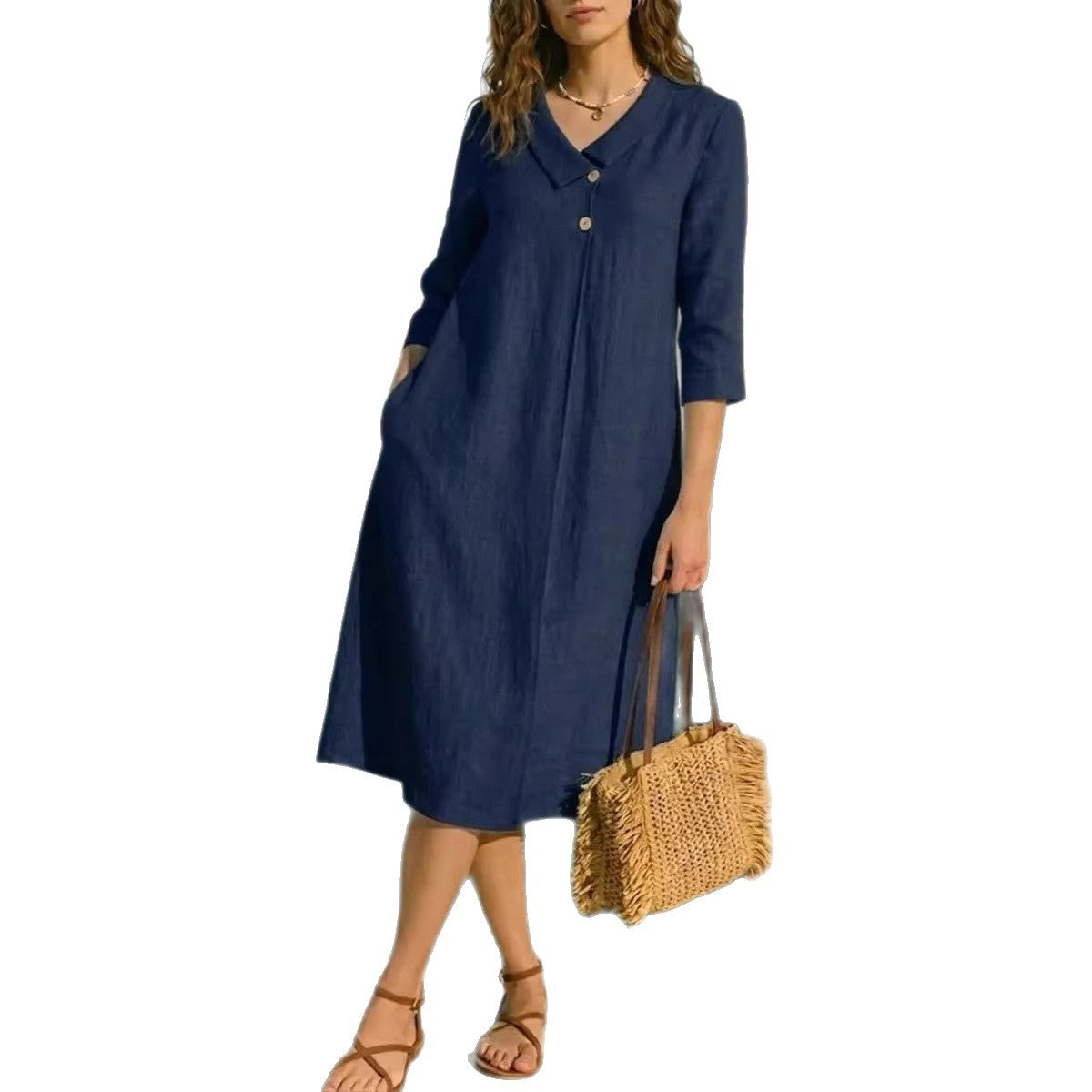 Robe lin col chemise oversize - Coupe décontractée