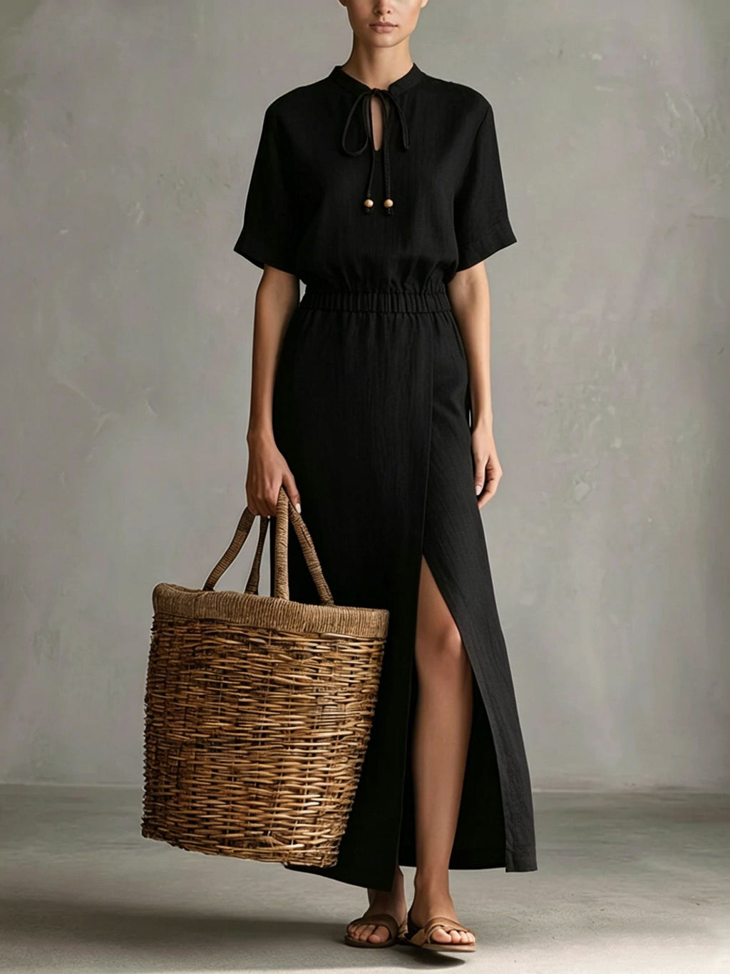Robe midi nœud au col – Élégance intemporelle