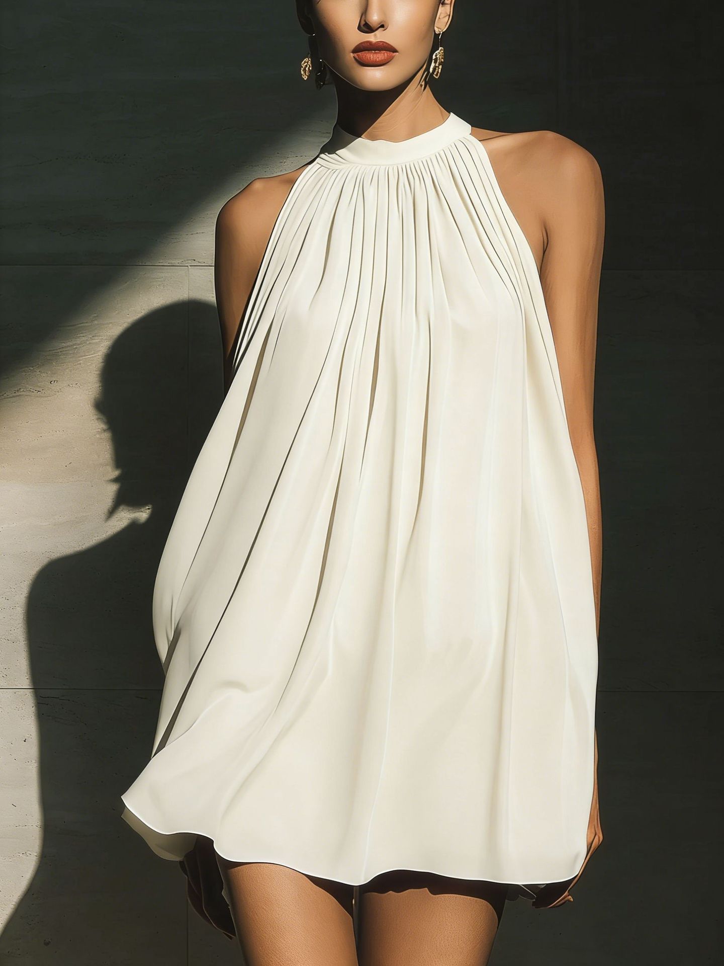 High-neck backless mini dress — Color-block design