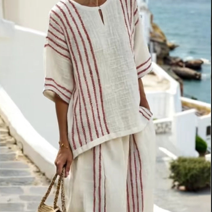 Ensemble rayé coton-lin — Top et pantalon casual