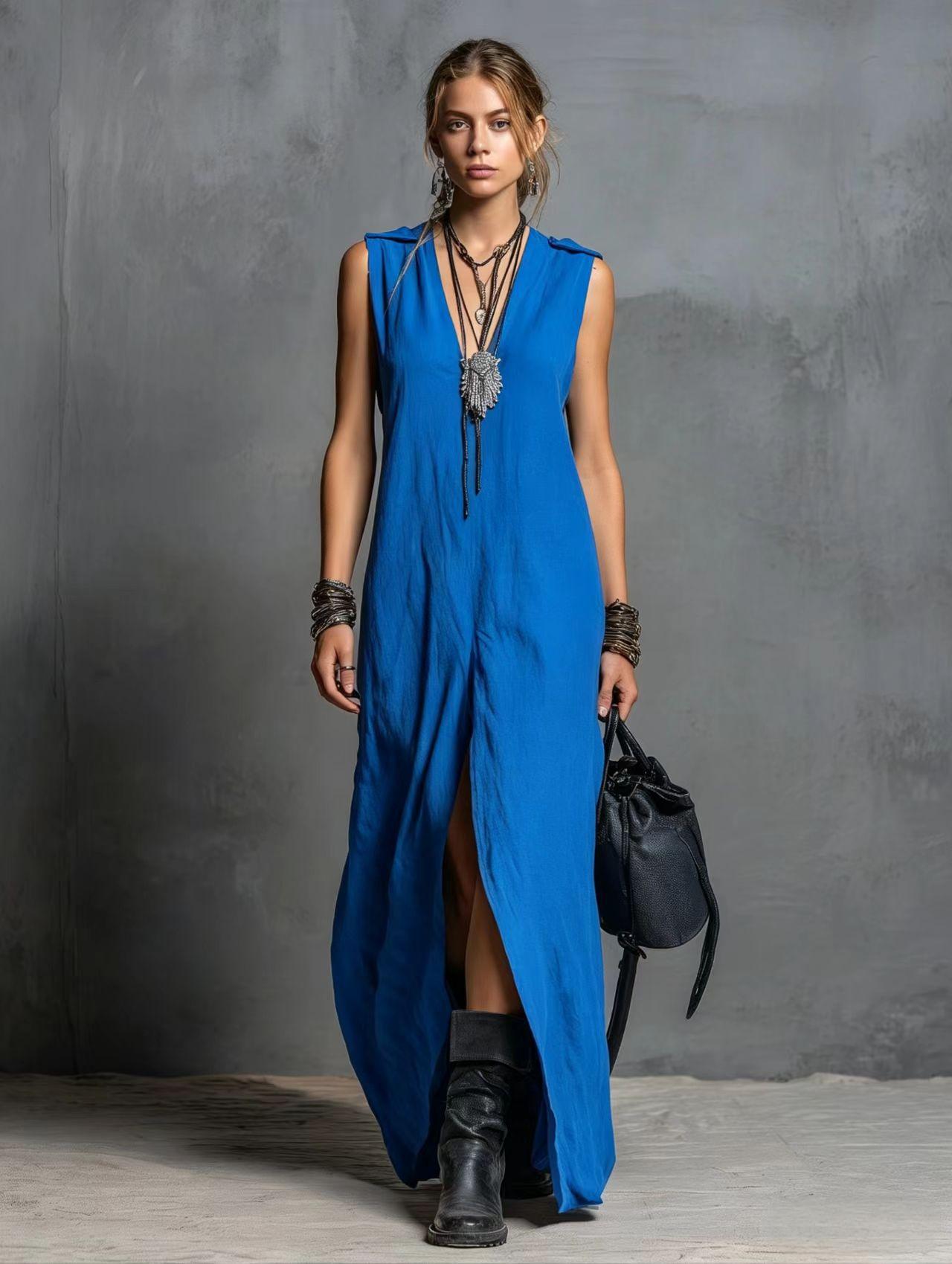 Robe longue fendue à encolure V, coupe ample