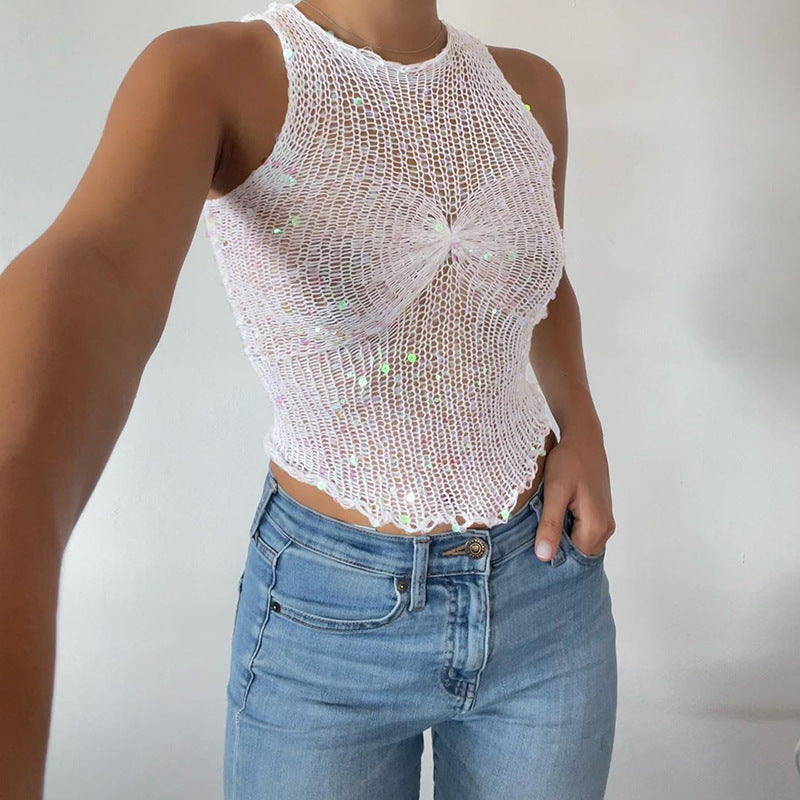 Sheer knit sleeveless crop top
