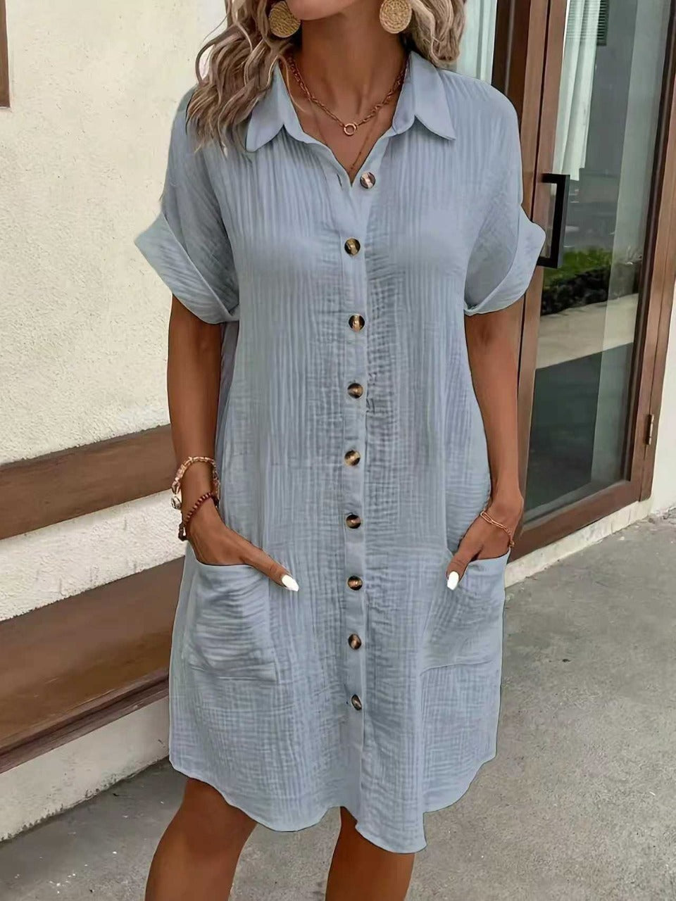 Chemise-robe lin coton unie à boutons