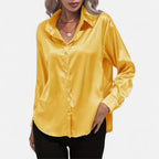 Chemisier boutonné en satin pour femme – Chemise classique à manches longues et revers