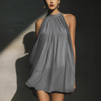 High-neck backless mini dress — Color-block design