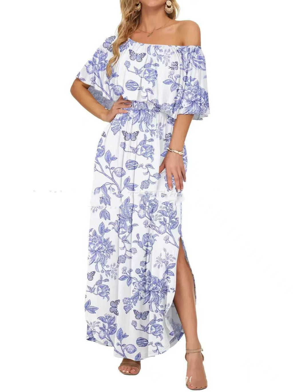 Robe longue à épaules dénudées, imprimée et confortable