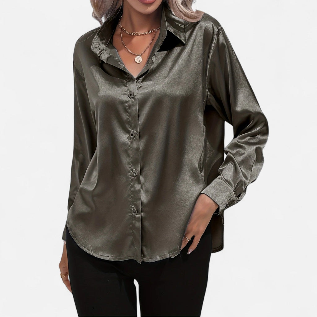 Chemisier boutonné en satin pour femme – Chemise classique à manches longues et revers