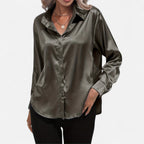 Chemisier boutonné en satin pour femme – Chemise classique à manches longues et revers