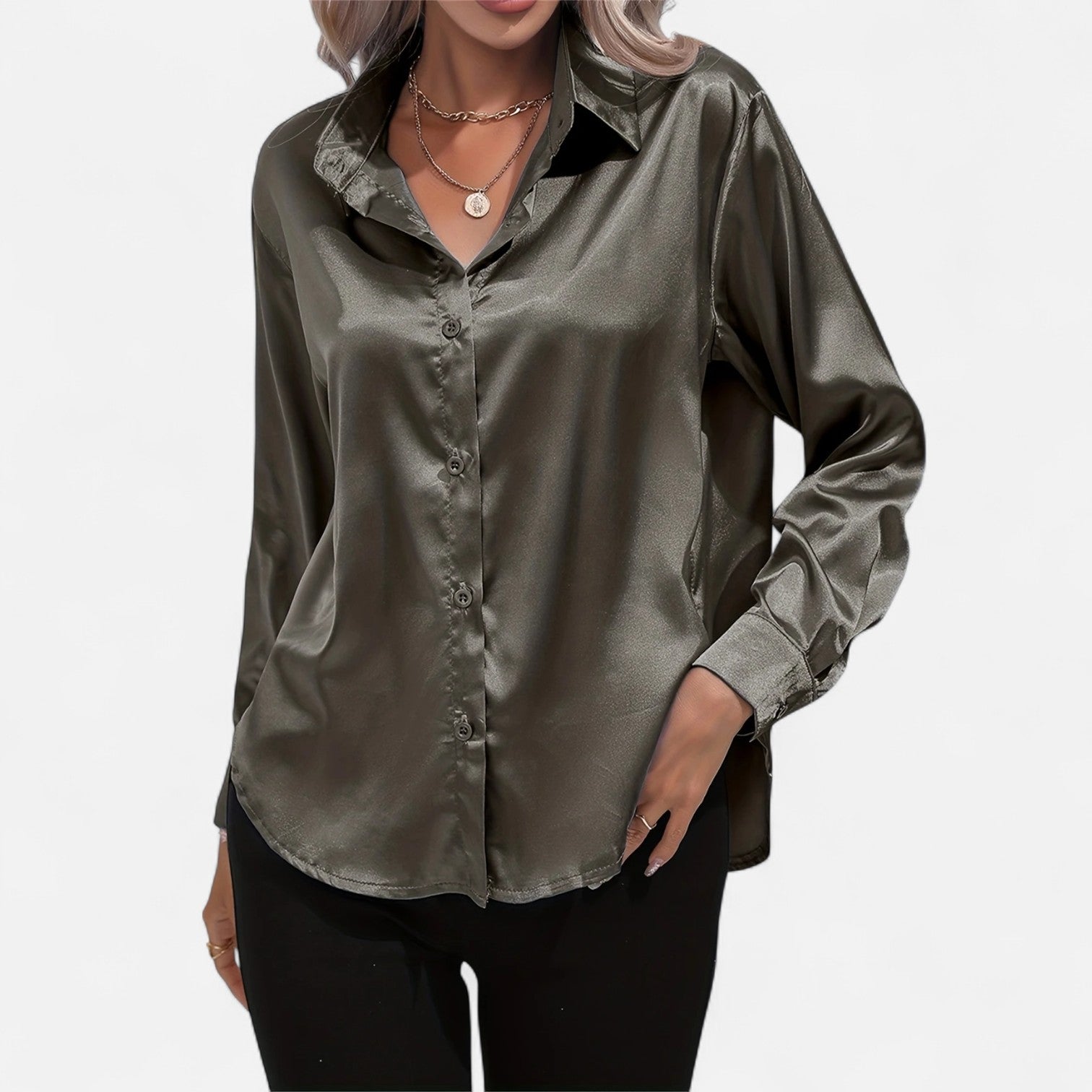Chemisier boutonné en satin pour femme – Chemise classique à manches longues et revers