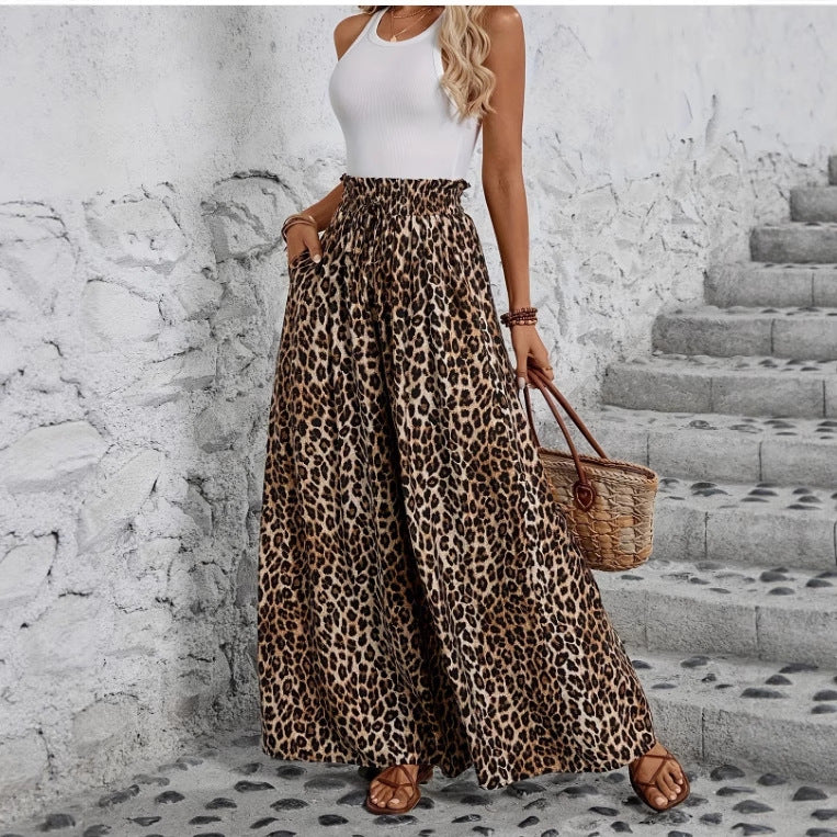 Pantalon léopard taille haute, coupe ample et fluide