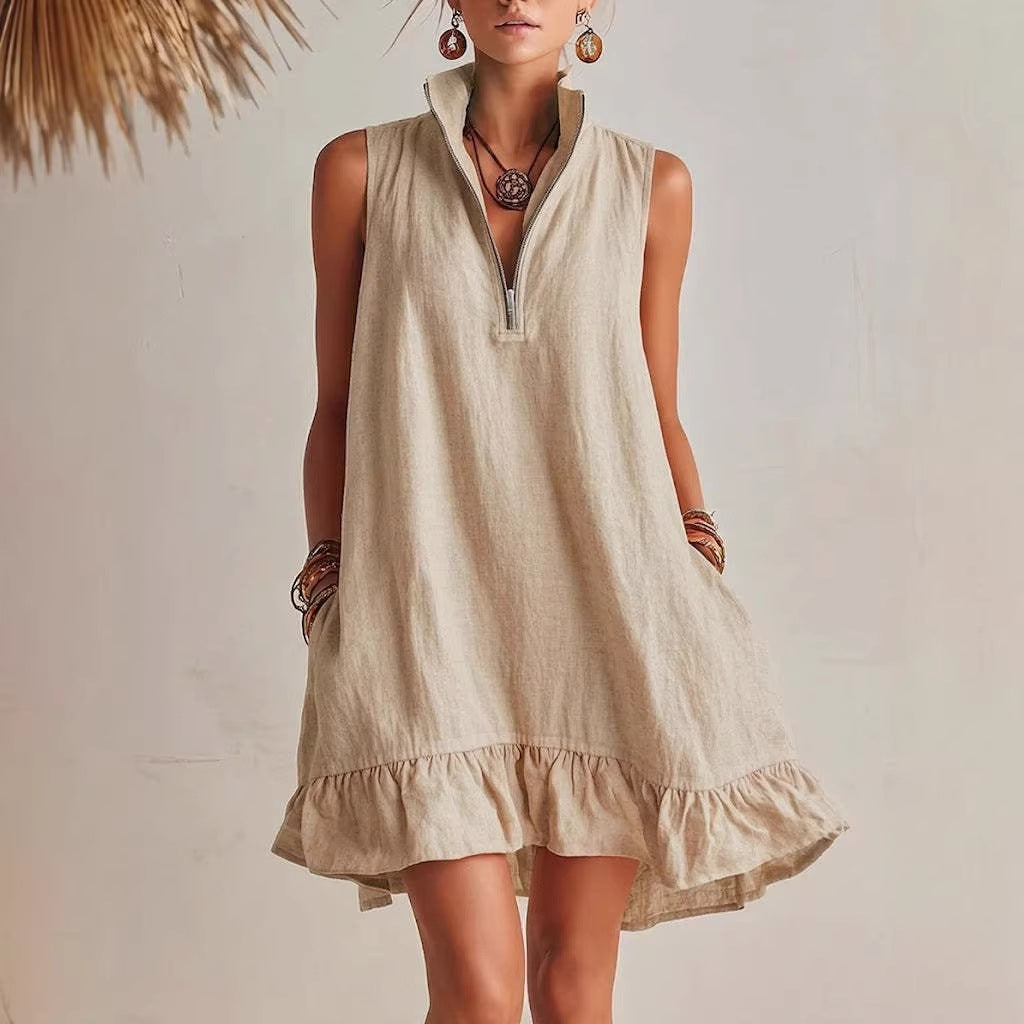 Robe trapèze sans manches à col demi-zip et volant