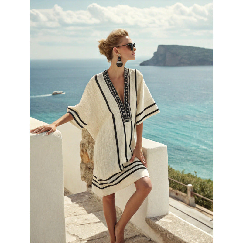 Robe Kaftan Imprimée Floral — Manches 3/4 et Poche Cargo