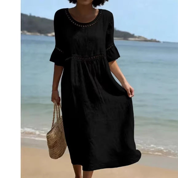 Robe élégante lin-coton, col rond, manches trois-quarts