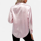 Chemisier boutonné en satin pour femme – Chemise classique à manches longues et revers