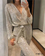 Long-sleeved sequin jumpsuit