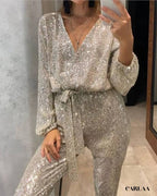 Long-sleeved sequin jumpsuit