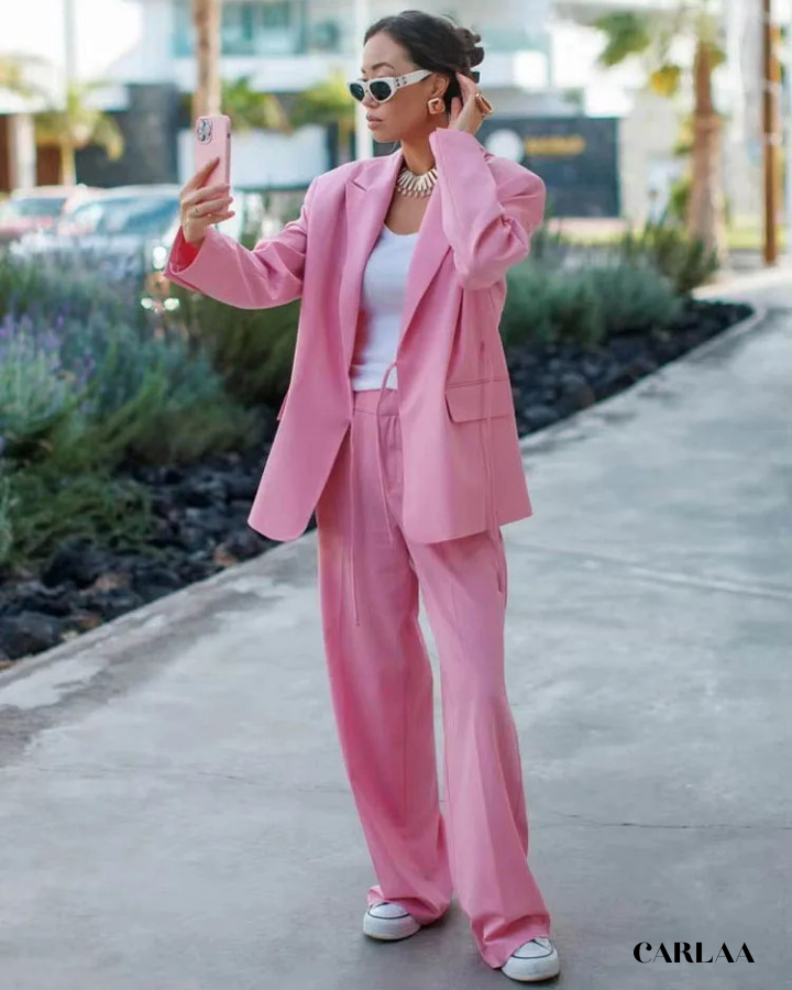 Tailleur pantalon femme rose poudré