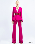 Tailleur pantalon rose fuchsia ceinturé femme