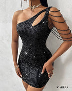 Black sequin evening dress