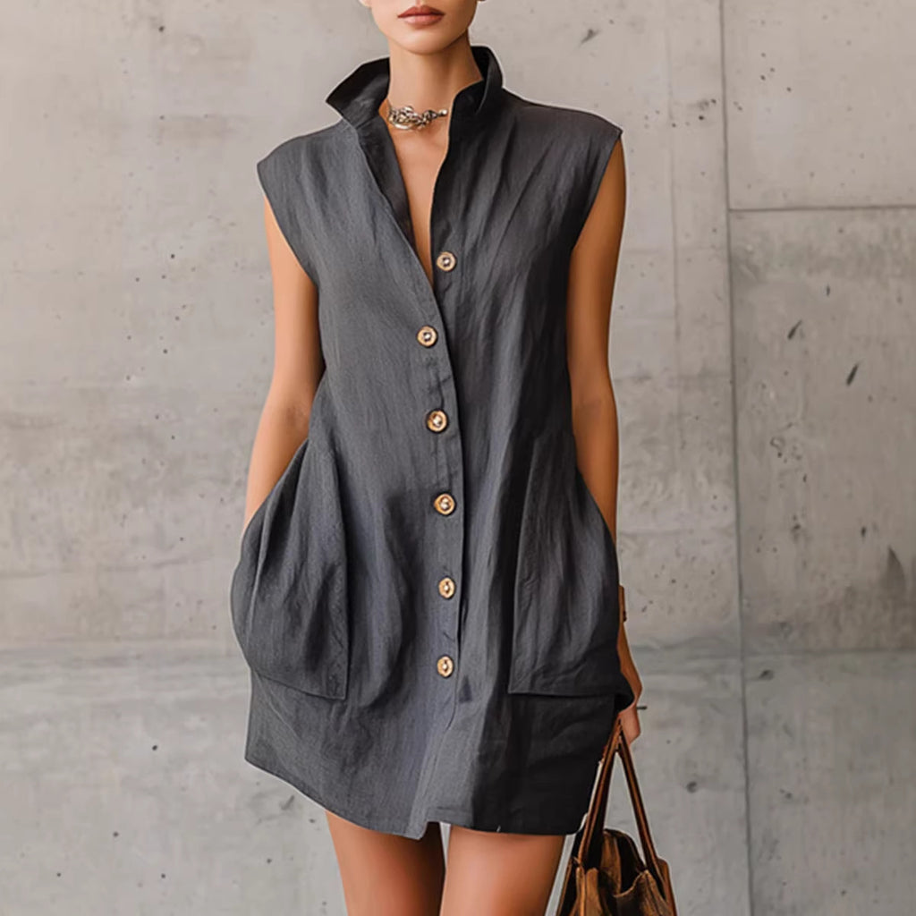 Robe chemise sans manches col montant — Élégance estivale