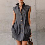 Robe chemise sans manches col montant — Élégance estivale