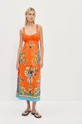 Robe longue lin imprimé, taille souple et volants