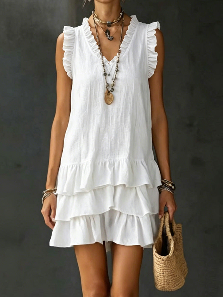 Robe fluide col V volants - Coupe ample midi