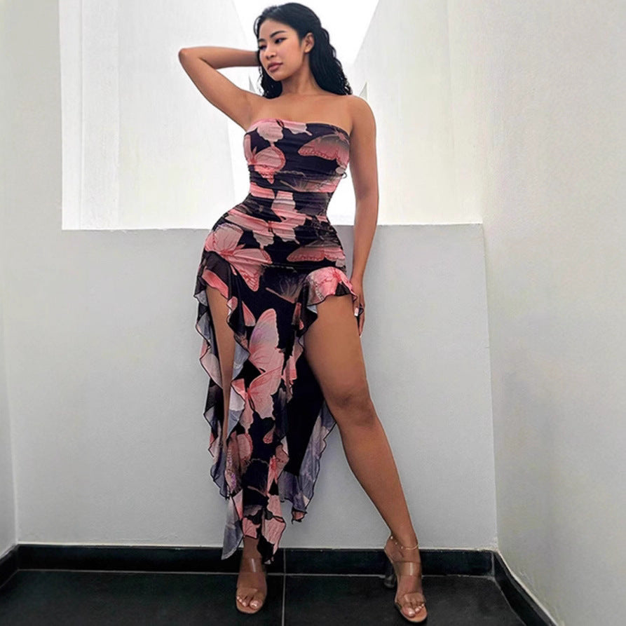 Open-back floral maxi dress with slit