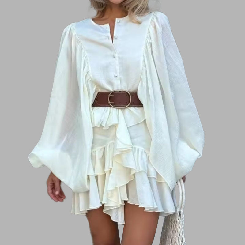 Robe longue manches froncées couleur unie