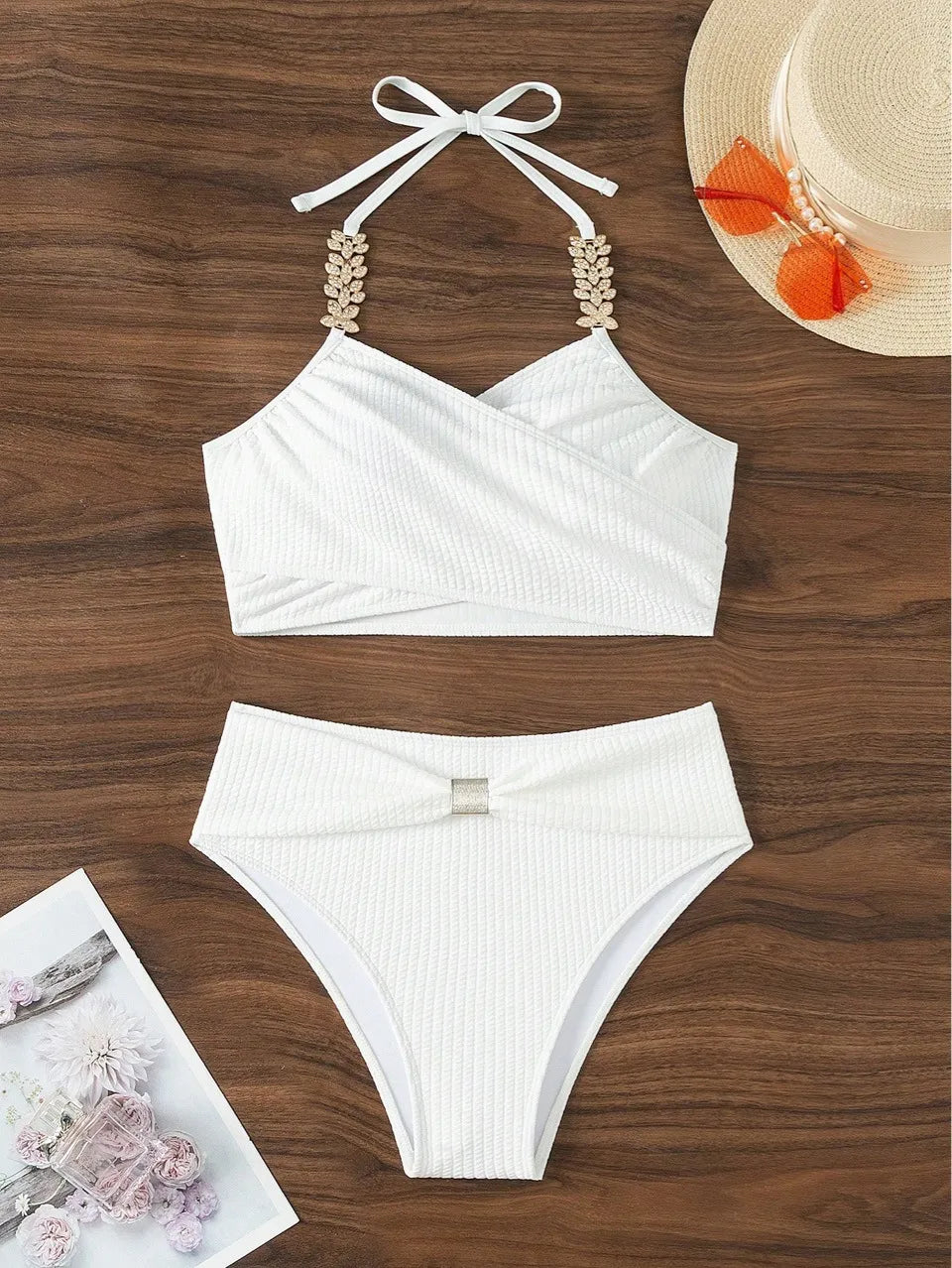 Maillot de bain bikini à strass col licou sexy