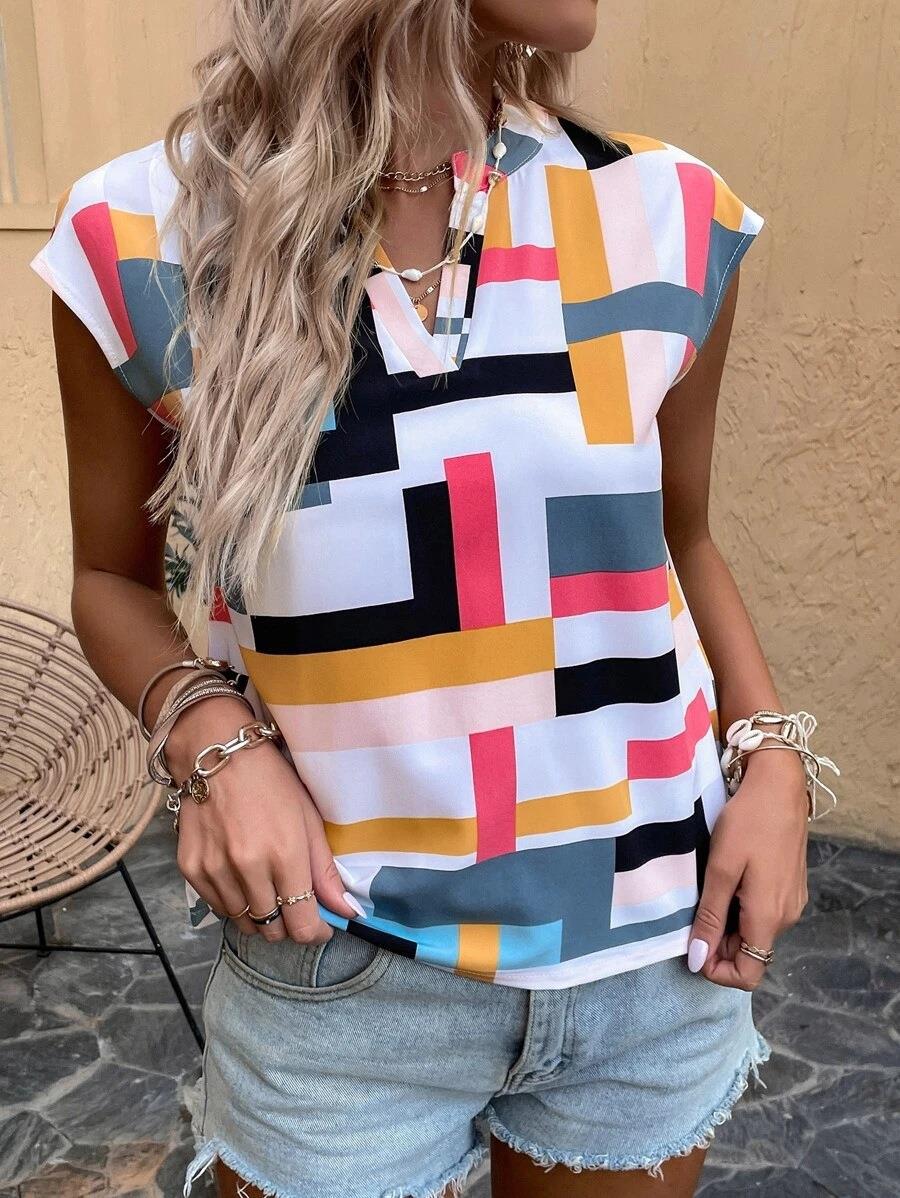 Haut col en V à motif imprimé multicolore - Chic&Shines