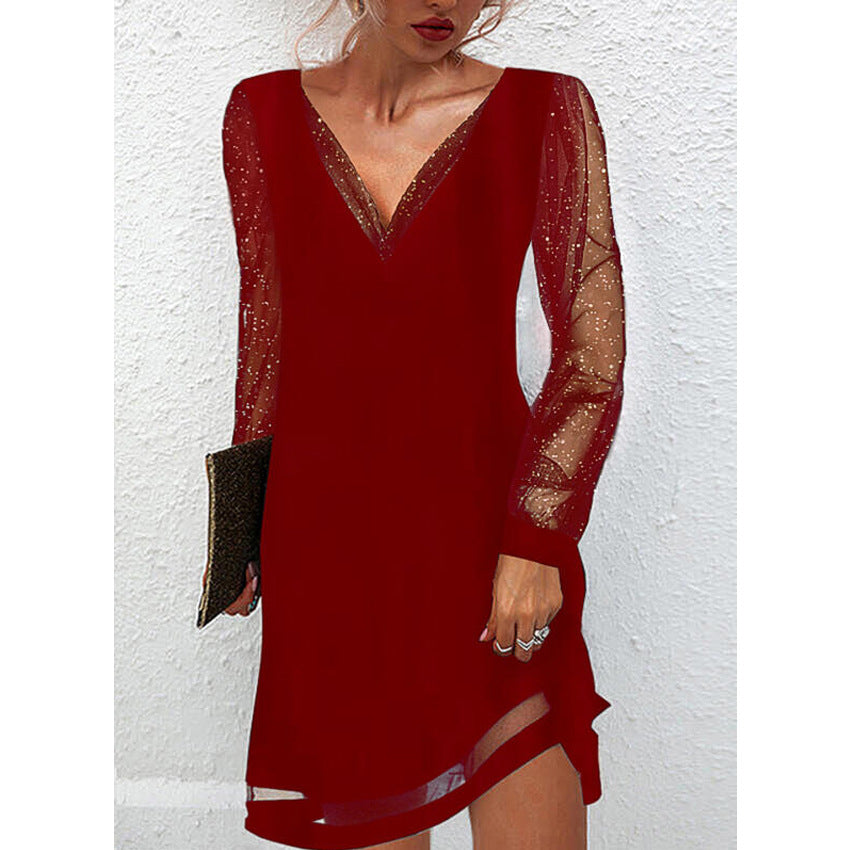 Robe courte col V manches longues en dentelle transparente de couleur unie - Chic&Shines